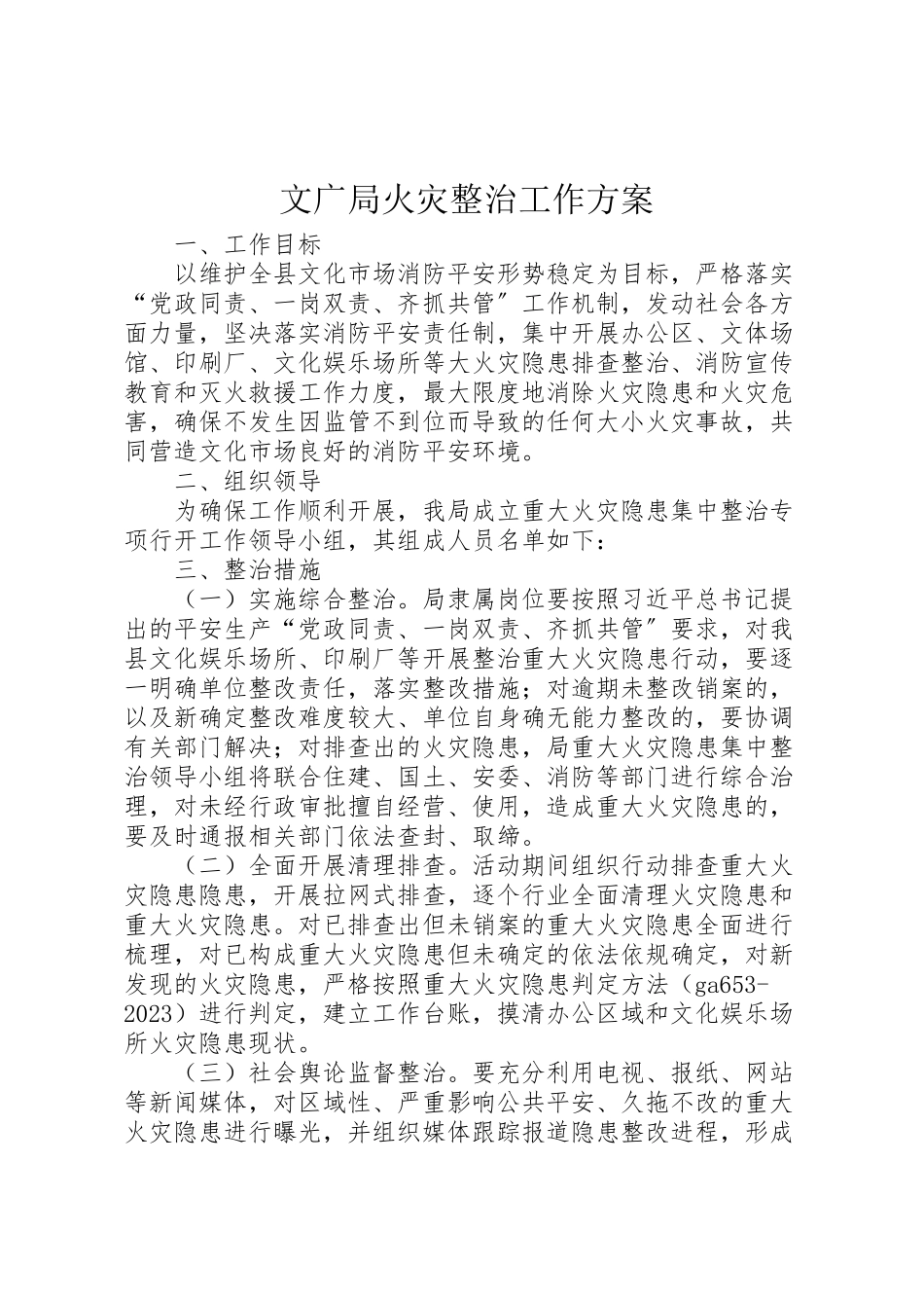 2023年文广局火灾整治工作方案.doc_第1页