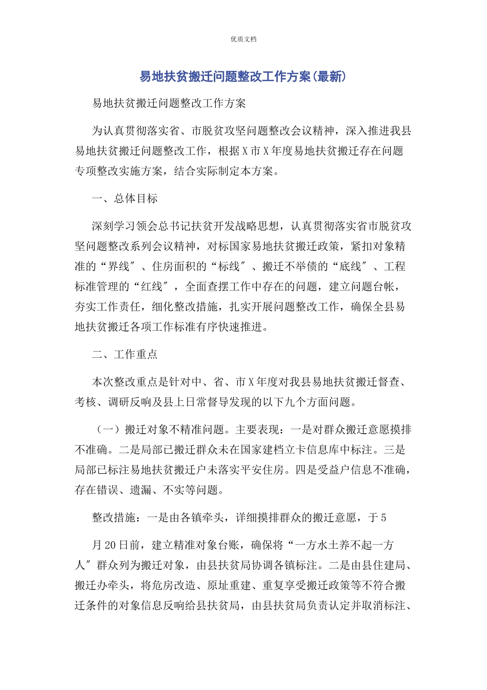 2023年易地扶贫搬迁问题整改工作方案.docx_第1页