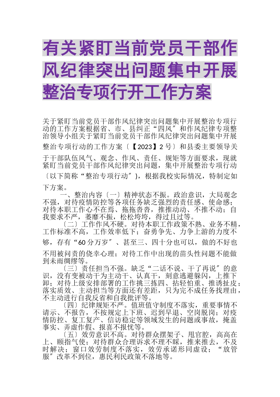2023年有关紧盯当前党员干部作风纪律突出问题集中开展整治专项行动工作方案.doc_第1页