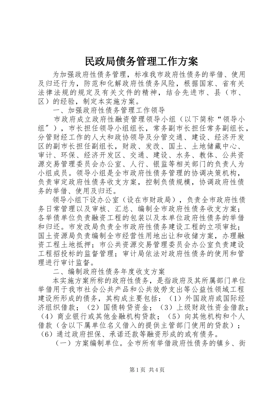 2023年民政局债务管理工作方案.docx_第1页