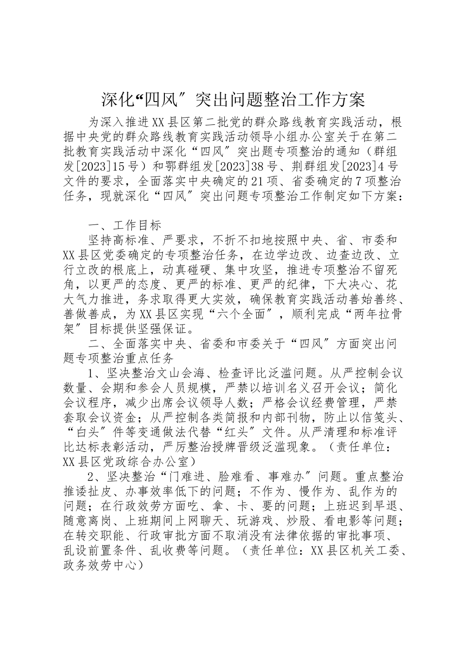 2023年深化四风突出问题整治工作方案.doc_第1页