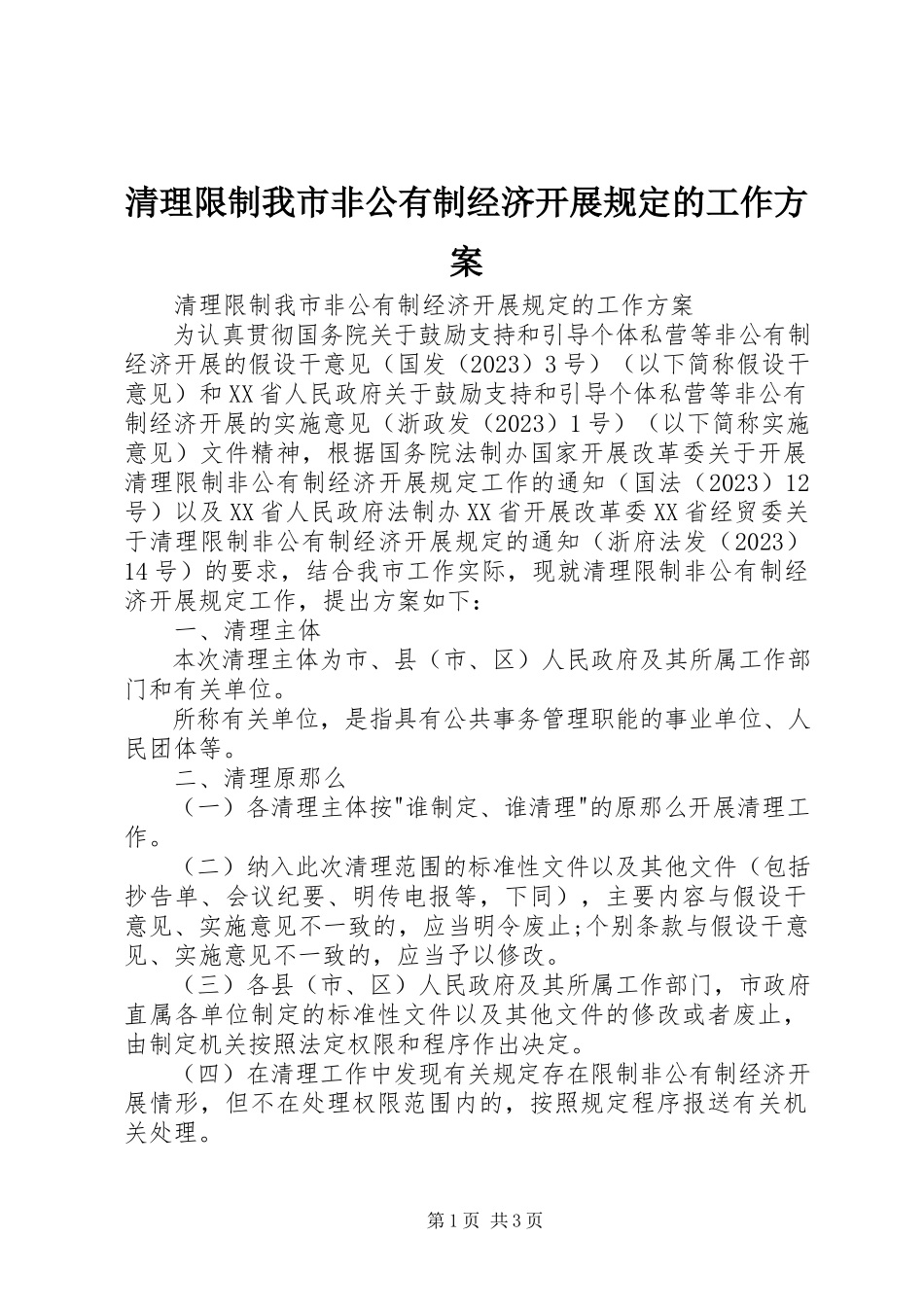 2023年清理限制我市非公有制经济发展规定的工作方案.docx_第1页