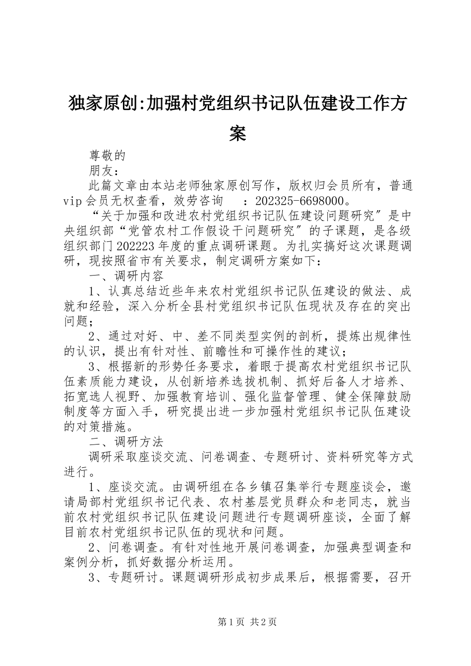 2023年独家原创-加强村党组织书记队伍建设工作方案.docx_第1页