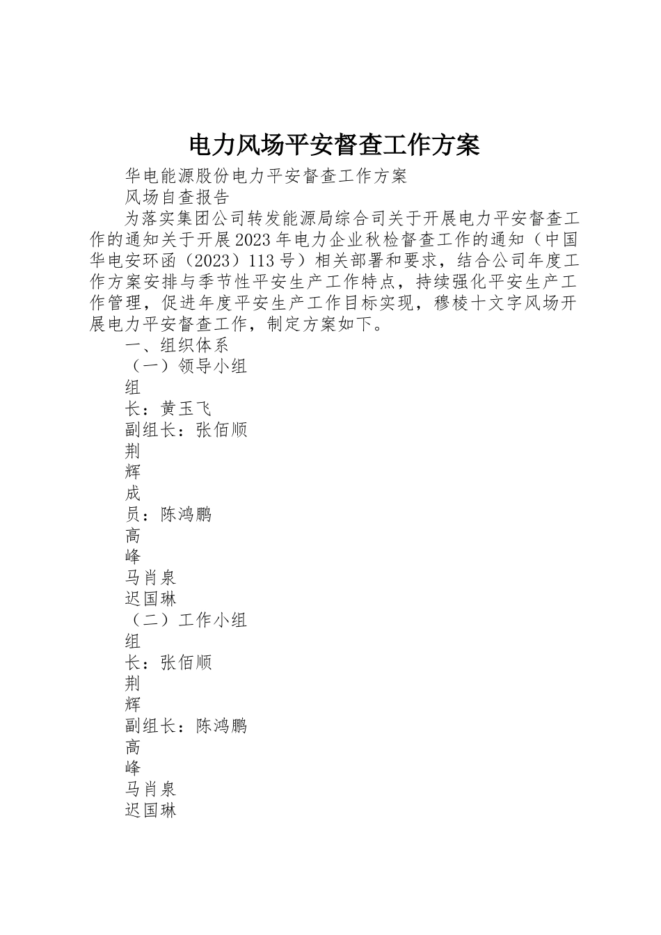 2023年电力风场安全督查工作方案新编.docx_第1页