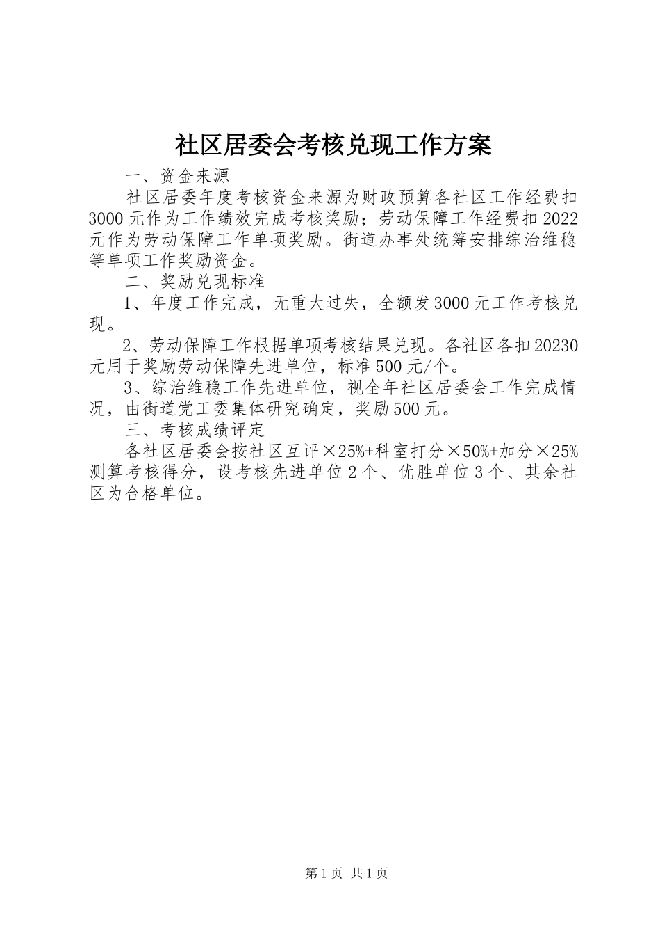 2023年社区居委会考核兑现工作方案.docx_第1页