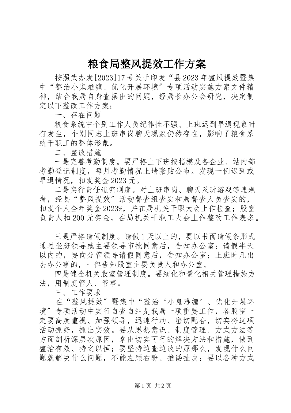 2023年粮食局整风提效工作方案.docx_第1页