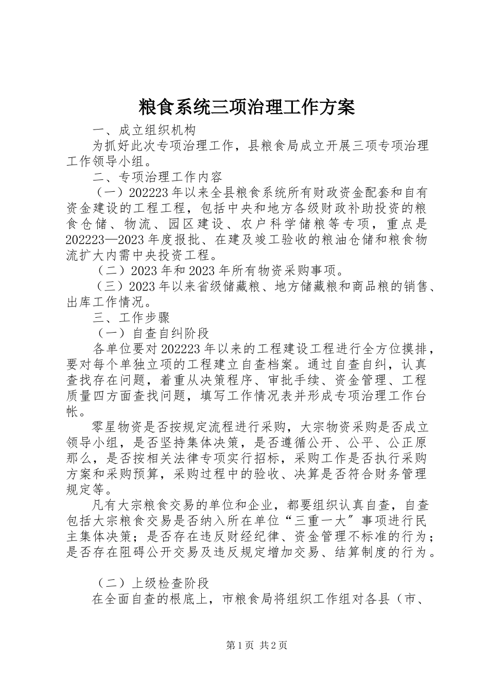 2023年粮食系统三项治理工作方案.docx_第1页