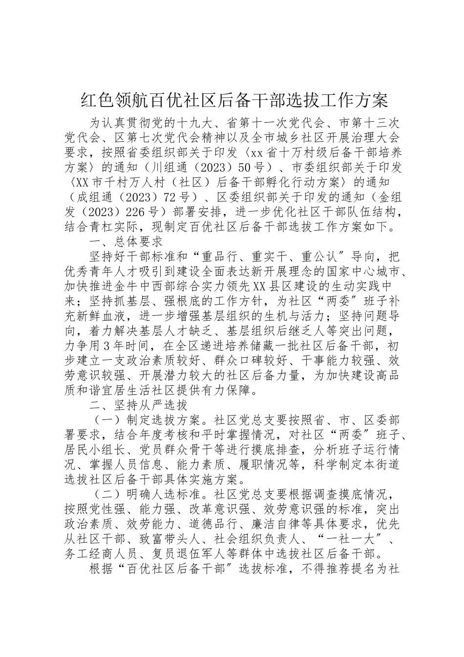 2023年红色领航百优社区后备干部选拔工作方案.doc_第1页
