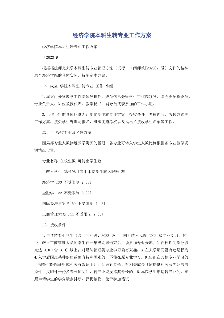 2023年经济学院本科生转专业工作方案.docx_第1页
