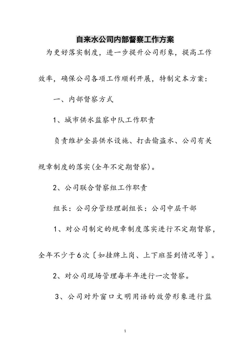 2023年自来水公司内部督察工作方案范文.doc_第1页