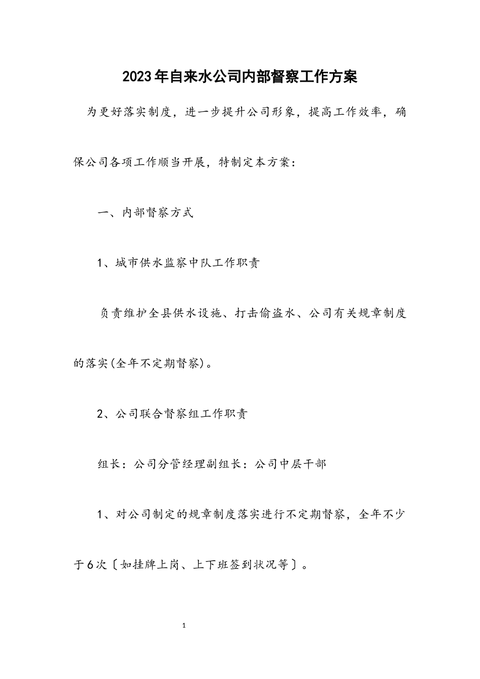 2023年自来水公司内部督察工作方案.docx_第1页