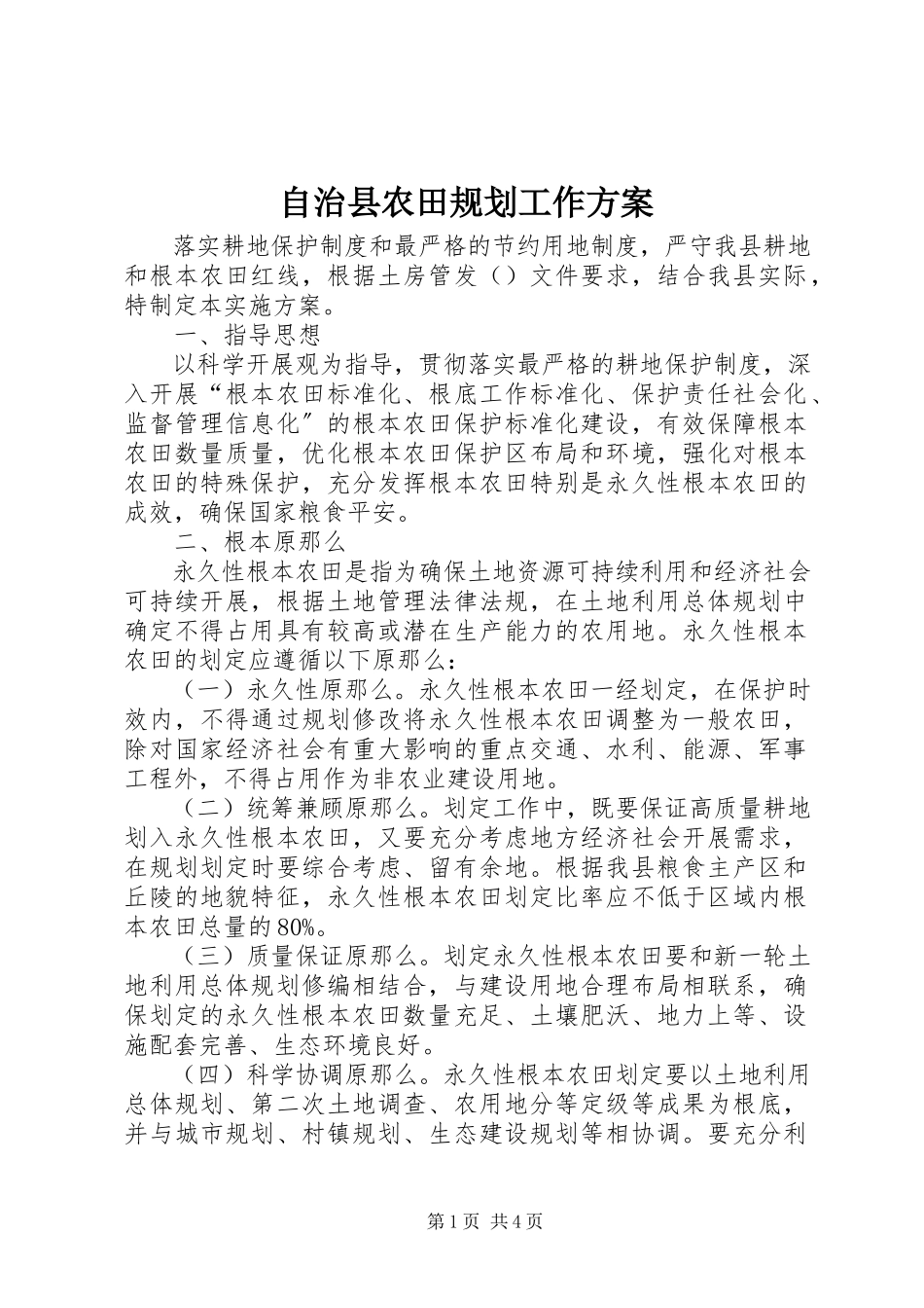 2023年自治县农田规划工作方案.docx_第1页