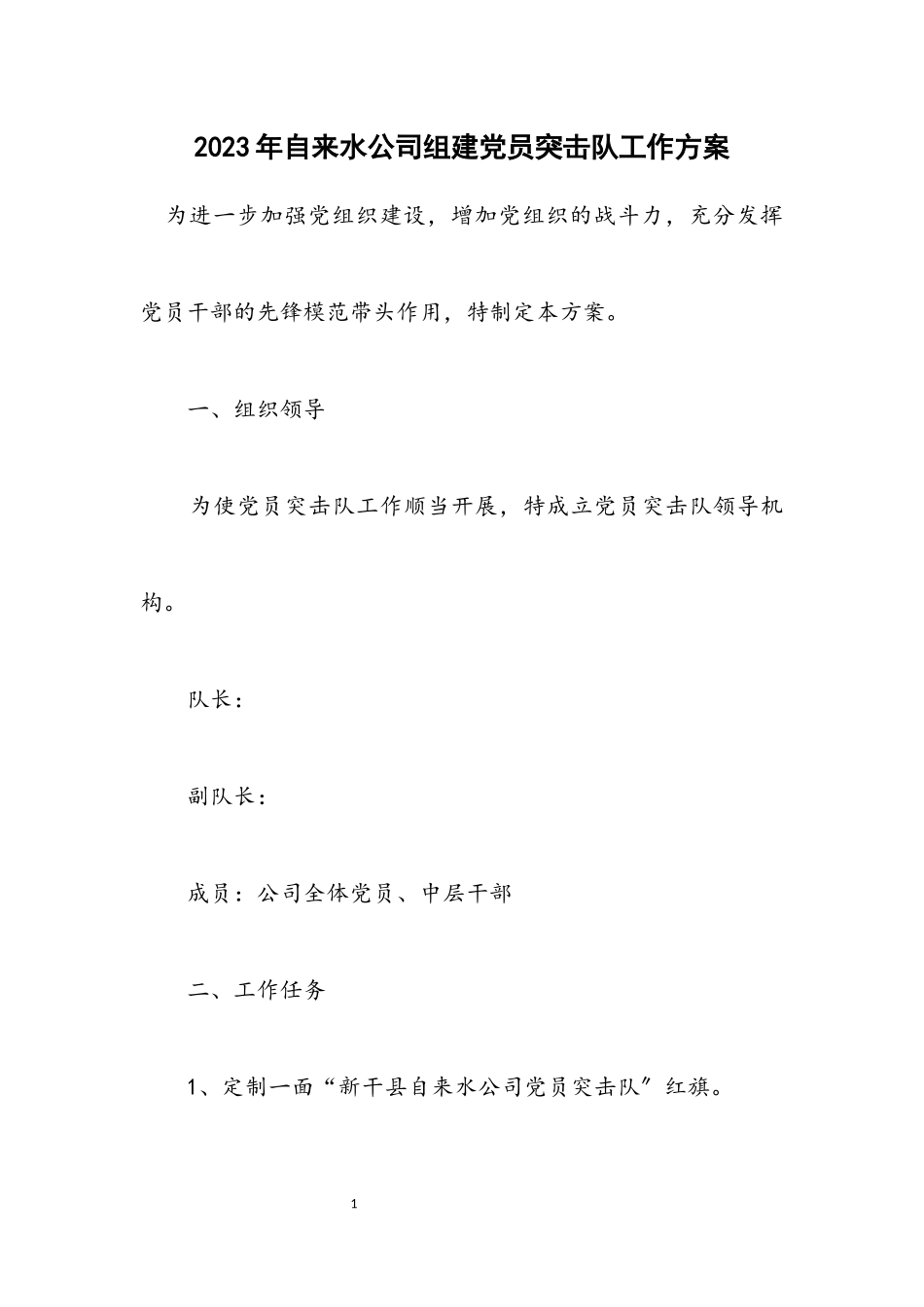 2023年自来水公司组建党员突击队工作方案.docx_第1页