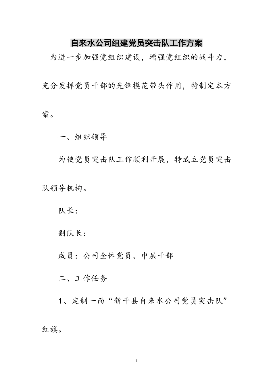 2023年自来水公司组建党员突击队工作方案范文.doc_第1页
