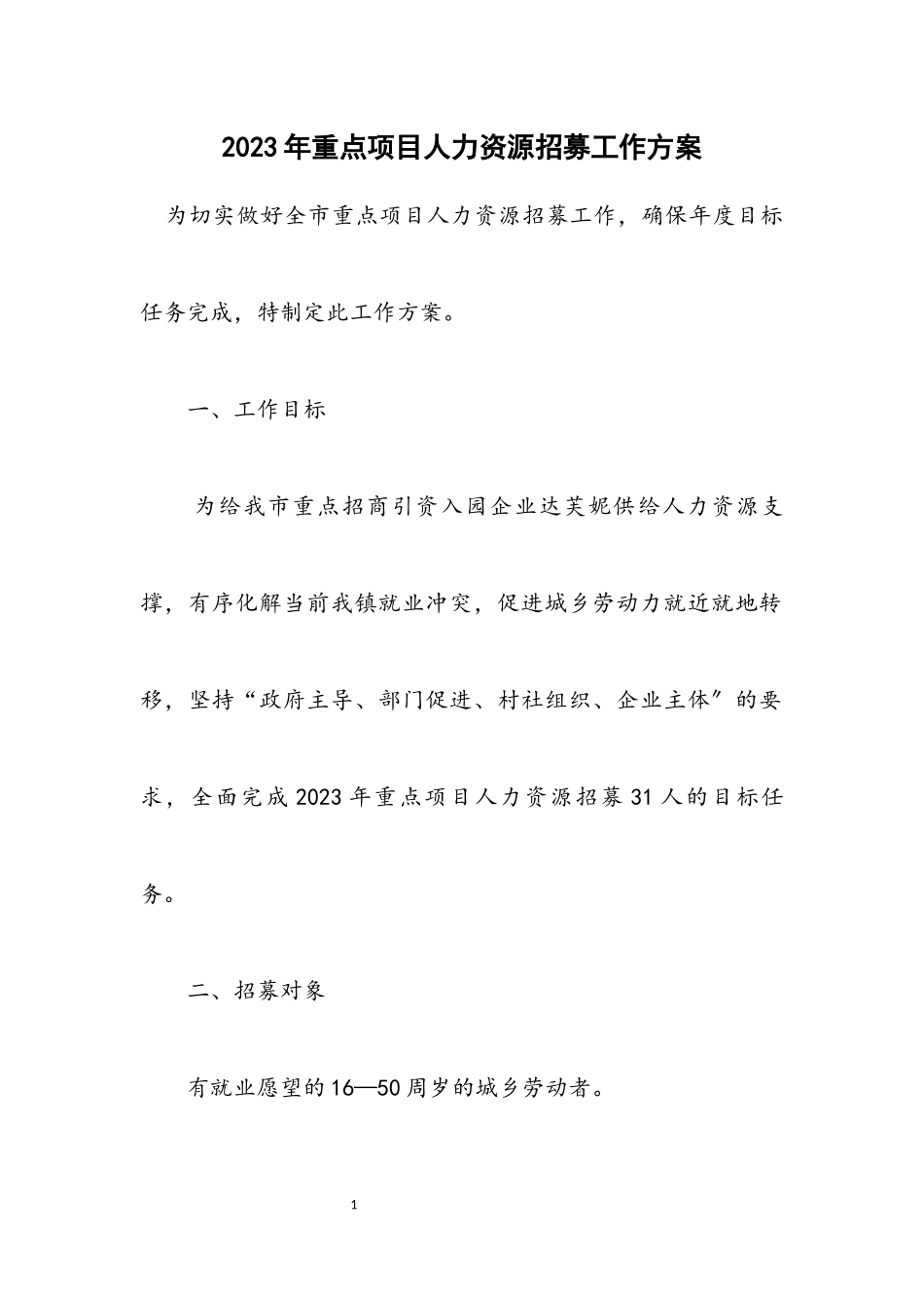 2023年重点项目人力资源招募工作方案.docx_第1页