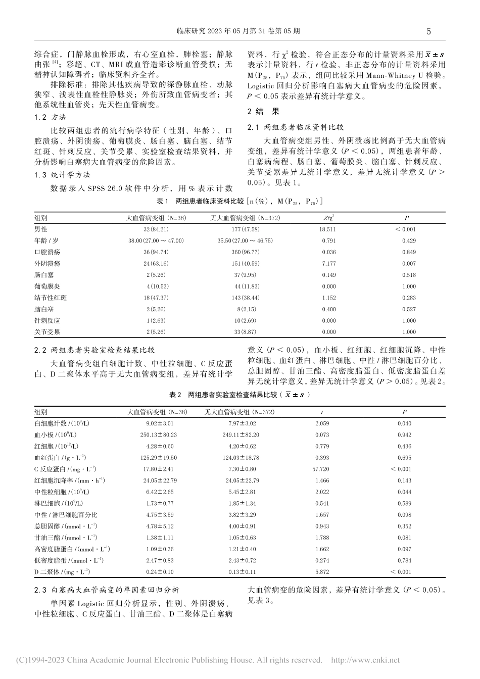 38例白塞病大血管病变临床特征与危险因素分析_苏瑶瑶.pdf_第2页