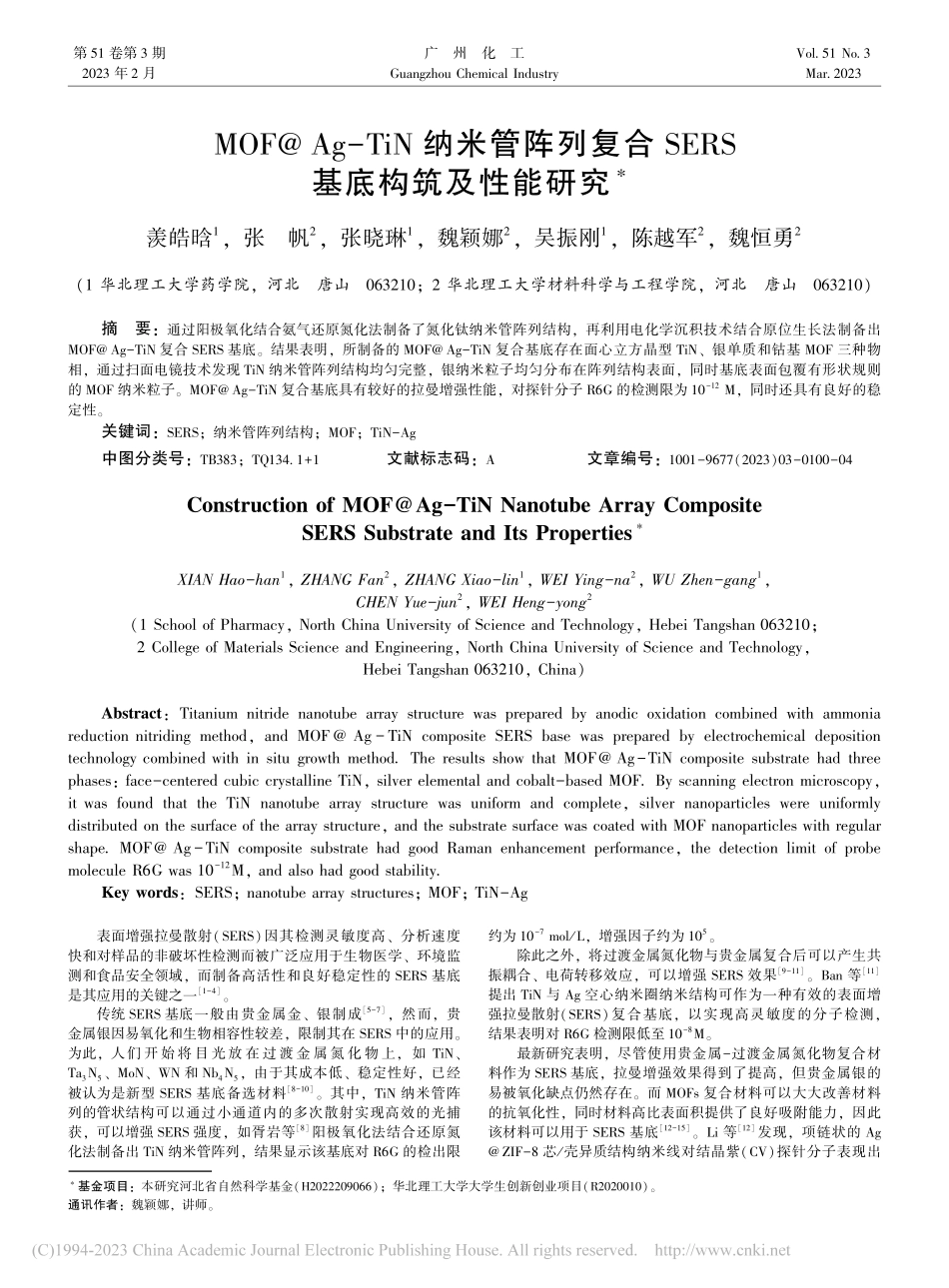 MOF@_Ag-TiN纳米...SERS基底构筑及性能研究_羡皓晗.pdf_第1页