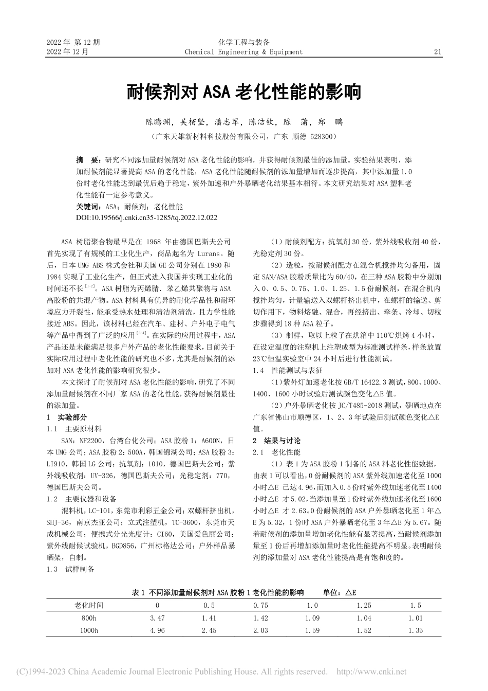 耐候剂对ASA老化性能的影响_陈腾渊.pdf_第1页