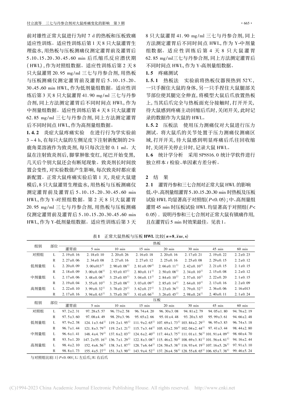 三七与丹参合剂对大鼠疼痛变化的影响_付立波.pdf_第2页