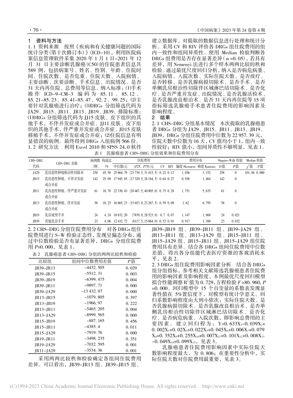 566例乳腺癌患者住院费用影响因素分析_李平.pdf_第2页