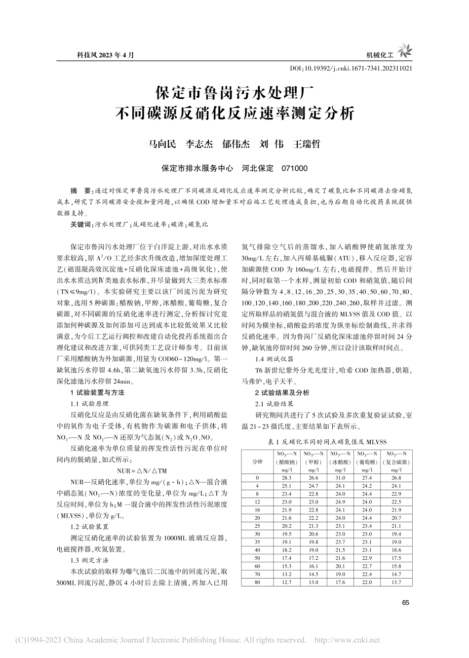 保定市鲁岗污水处理厂不同碳源反硝化反应速率测定分析_马向民.pdf_第1页