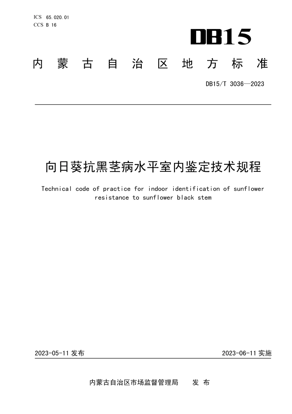 DB15T 3036—2023向日葵抗黑茎病水平室内鉴定技术规程.pdf_第1页