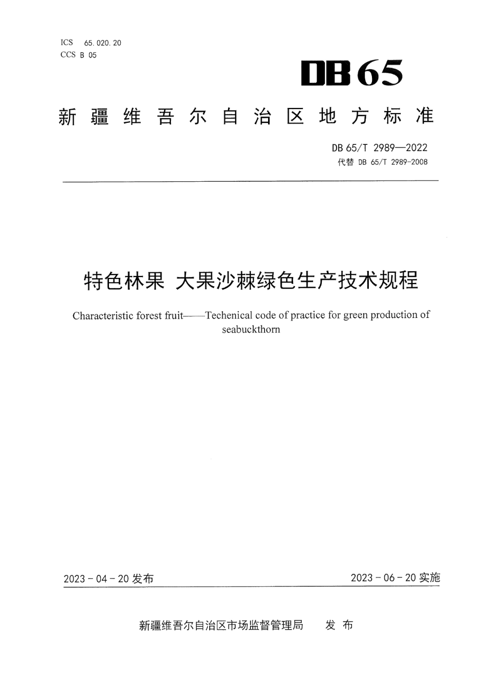 DB65T2989-2022特色林果 大果沙棘绿色生产技术规程.pdf_第1页