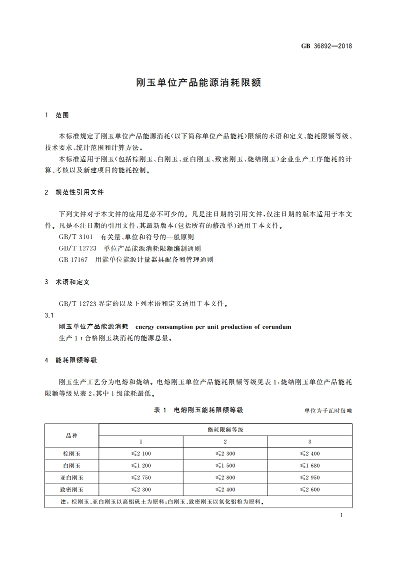 刚玉单位产品能源消耗限额 GB 36892-2018.pdf_第3页