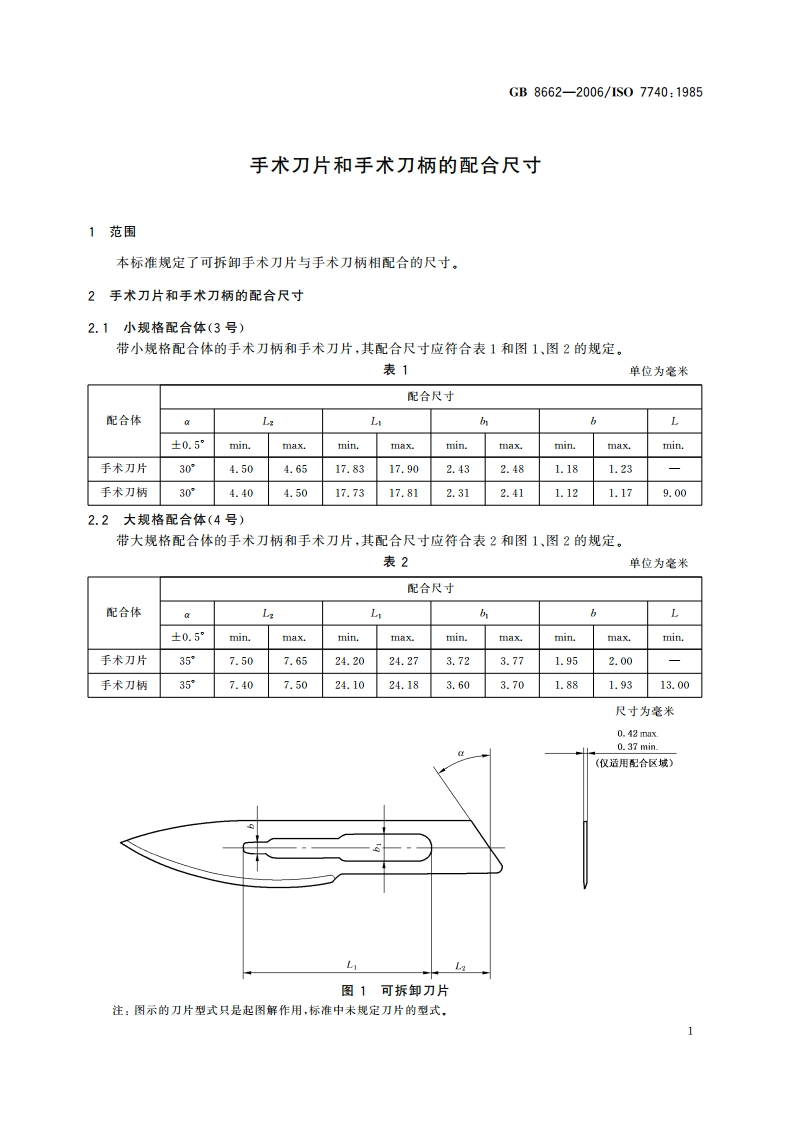 手术刀片和手术刀柄的配合尺寸 GB 8662-2006.pdf_第3页