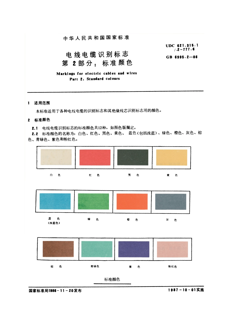 电线电缆识别标志 第2部分：标准颜色 GB 6995.2-1986.pdf_第3页