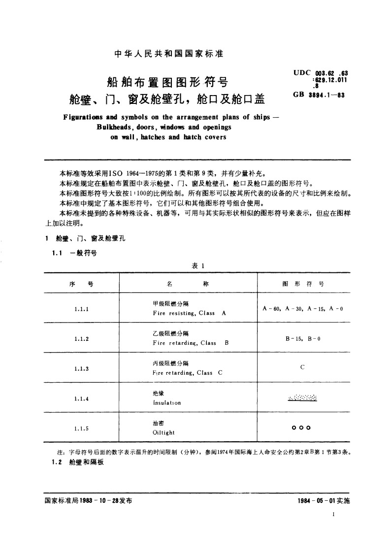 船舶布置图图形符号 舱壁、门、窗及舱壁孔、舱口及舱口盖 GBT 3894.1-1983.pdf_第2页