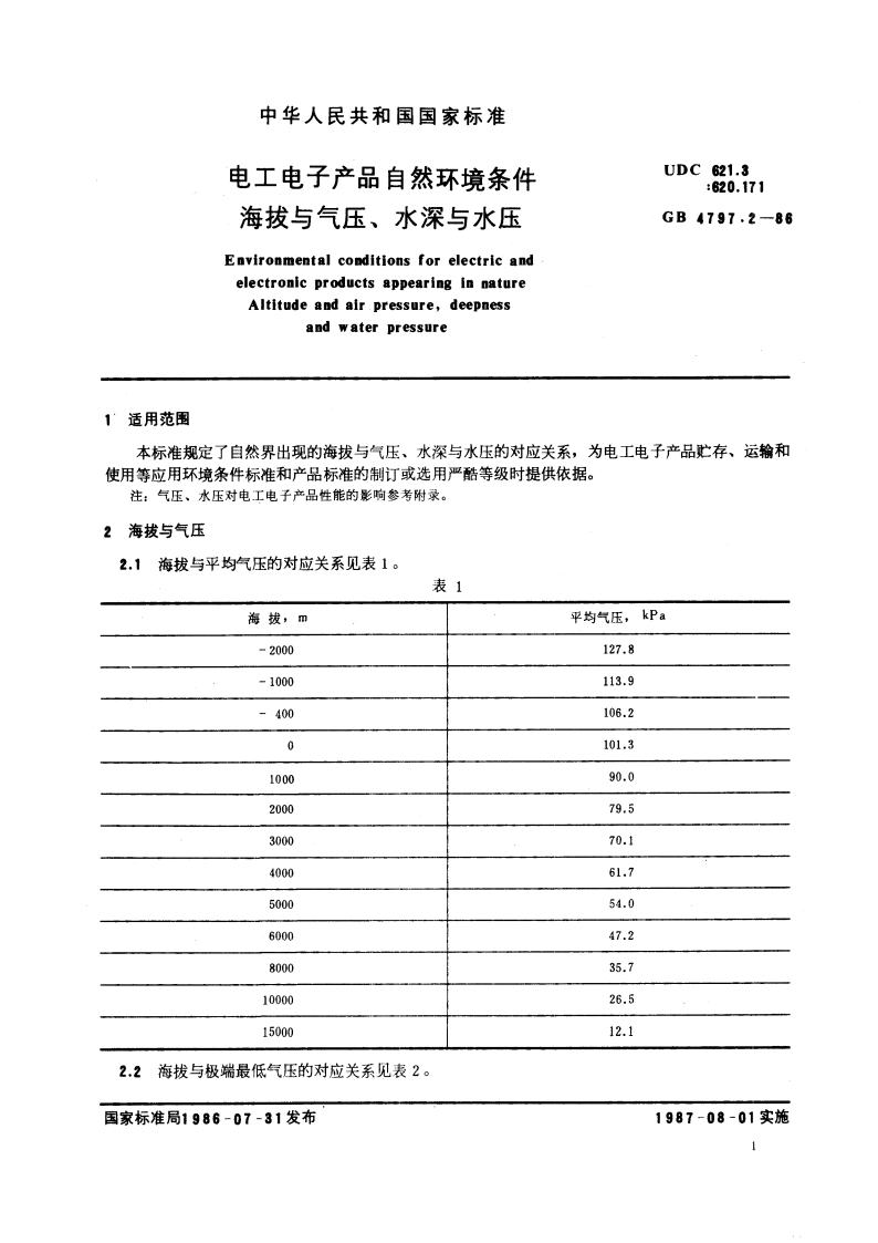 电工电子产品自然环境条件 海拔与气压、水深和水压 GBT 4797.2-1986.pdf_第3页