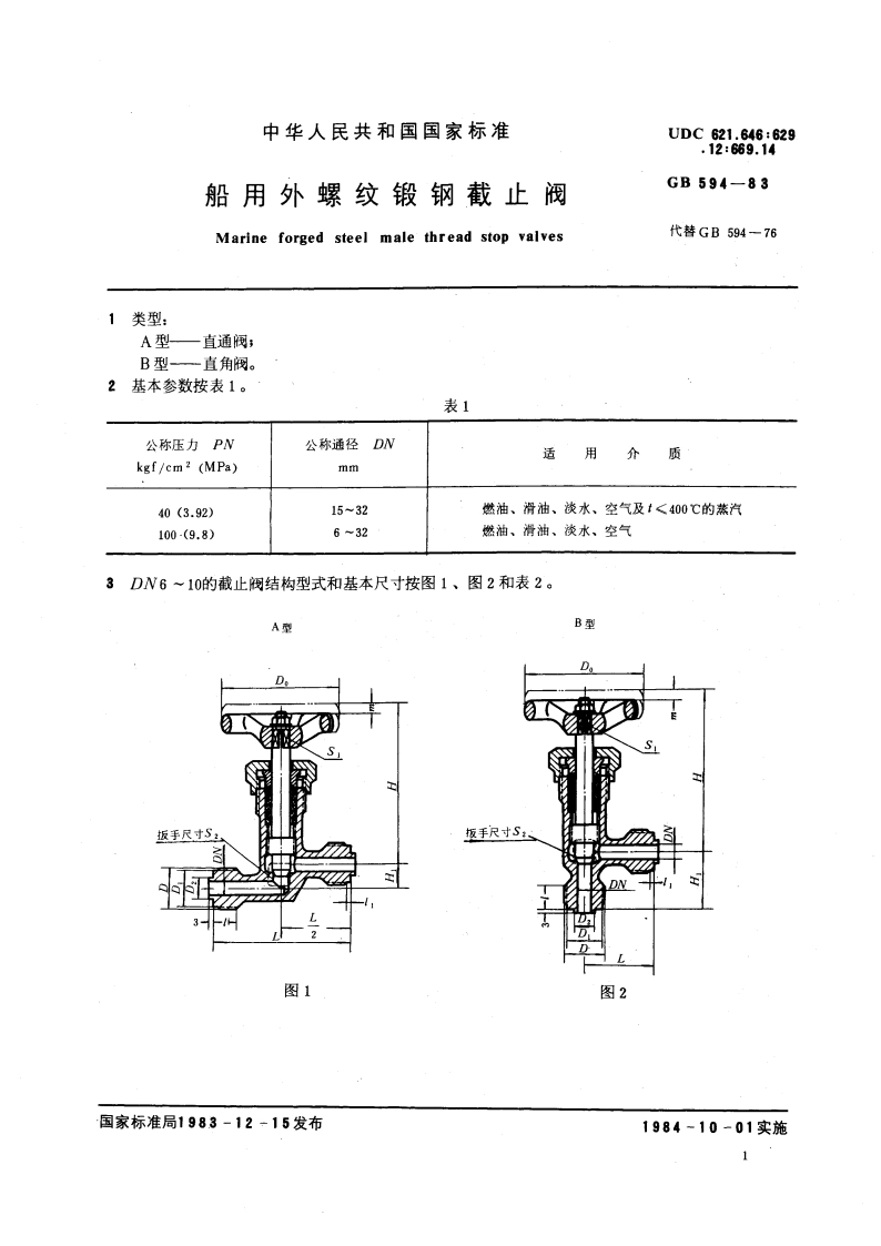 船用外螺纹锻钢截止阀 GBT 594-1983.pdf_第3页