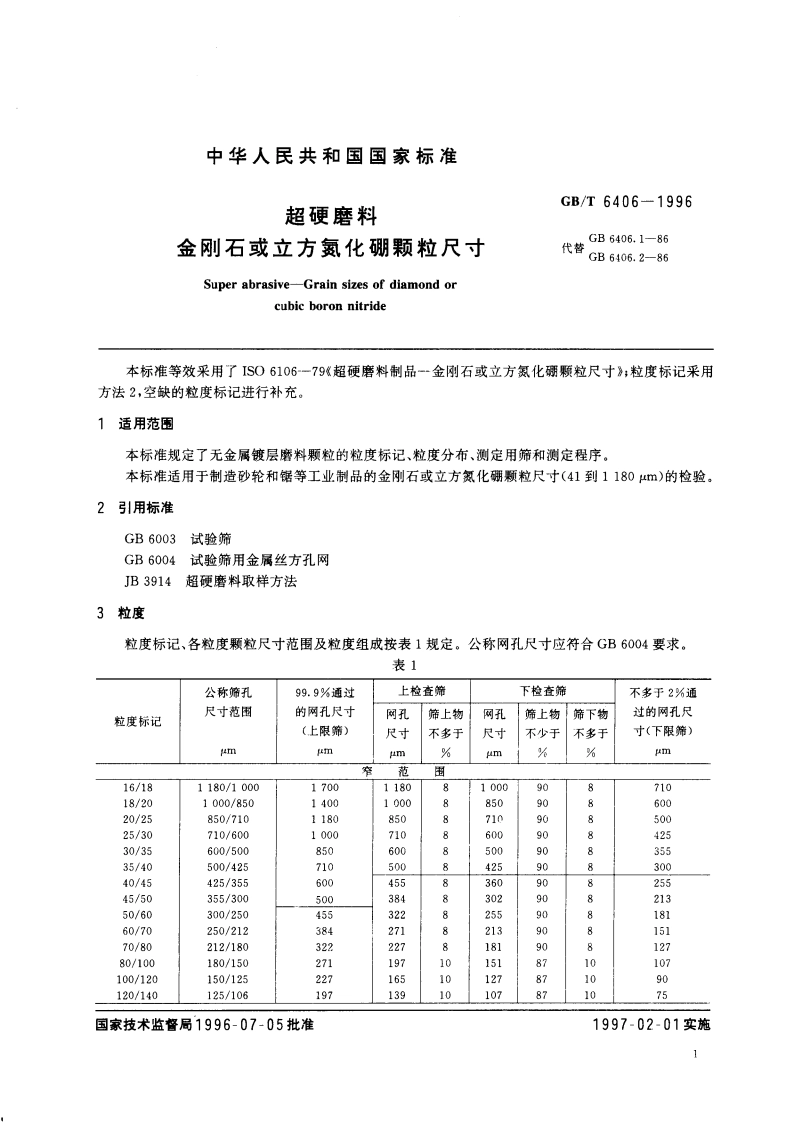 超硬磨料 金刚石或立方氮化硼颗粒尺寸 GBT 6406-1996.pdf_第3页