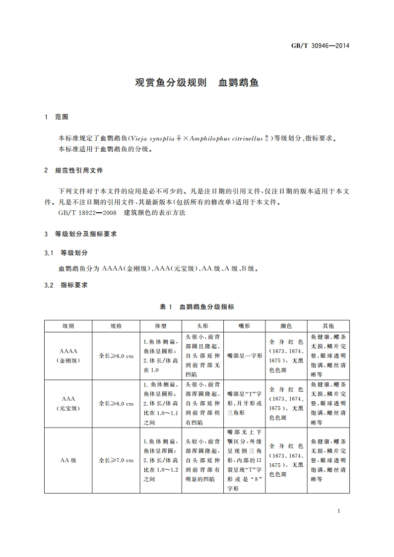 观赏鱼分级规则 血鹦鹉鱼 GBT 30946-2014.pdf_第3页