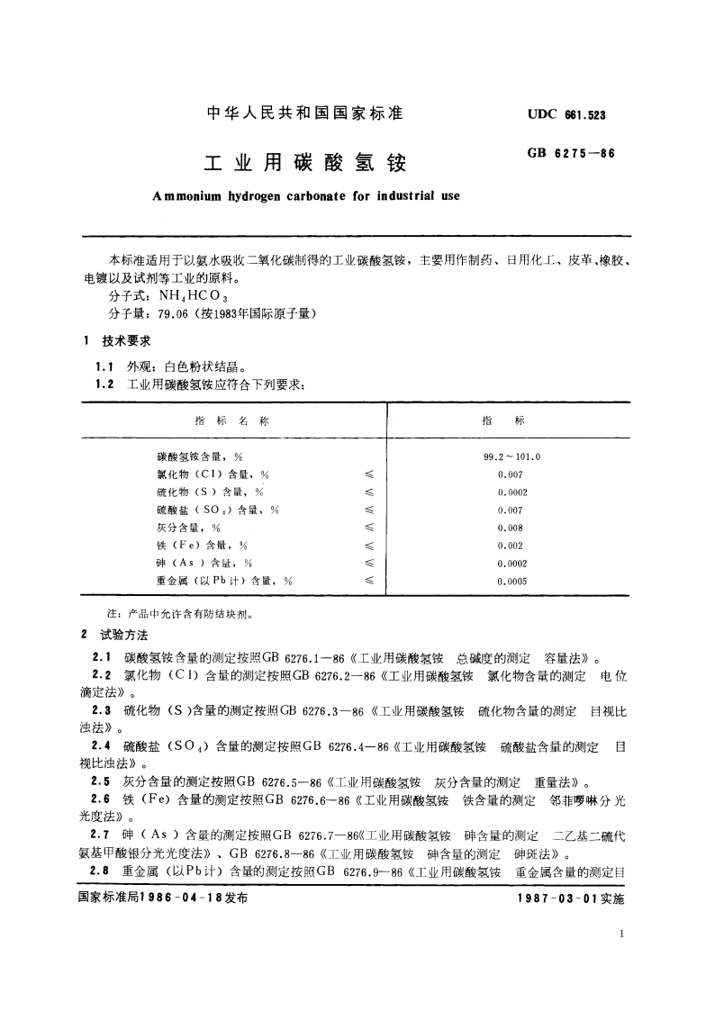 工业用碳酸氢铵 GBT 6275-1986.pdf_第2页