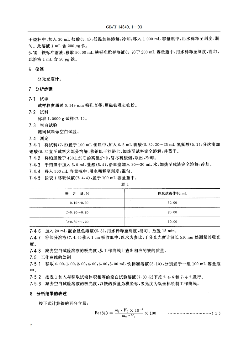 工业硅化学分析方法 110-二氮杂菲分光光度法测定铁量 GBT 14849.1-1993.pdf_第3页
