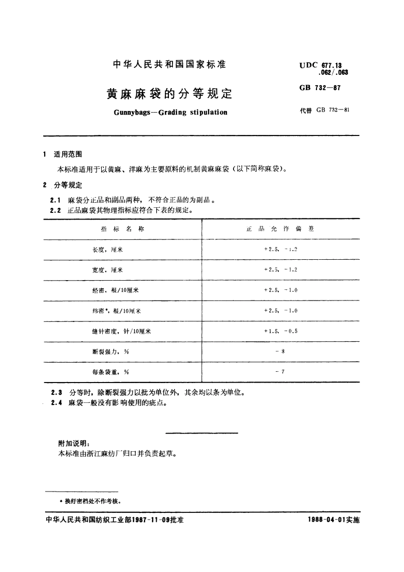 黄麻麻袋的分等规定 GBT 732-1987.pdf_第2页