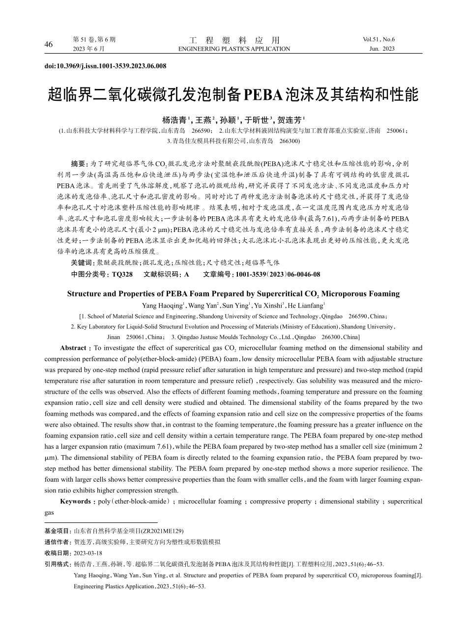 超临界二氧化碳微孔发泡制备PEBA泡沫及其结构和性能_杨浩青 (1).pdf_第1页