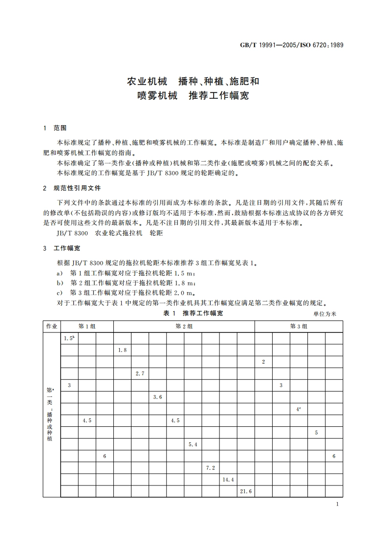 农业机械 播种、种植、施肥和喷雾机械 推荐工作幅宽 GBT 19991-2005.pdf_第3页