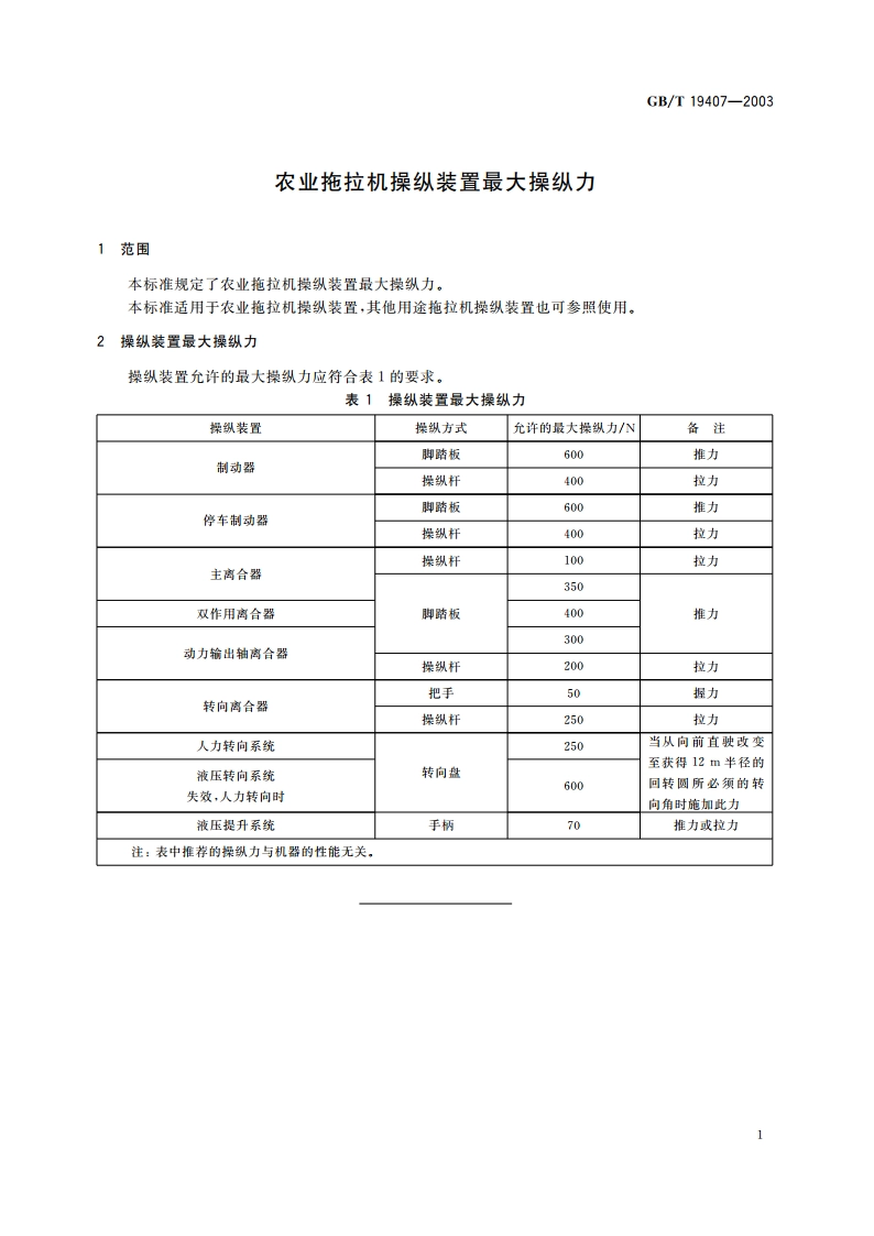 农业拖拉机操纵装置 最大操纵力 GBT 19407-2003.pdf_第3页