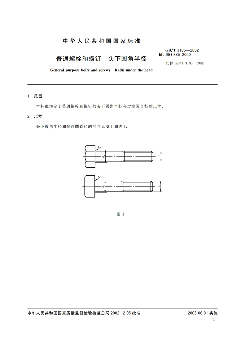 普通螺栓和螺钉 头下圆角半径 GBT 3105-2002.pdf_第3页