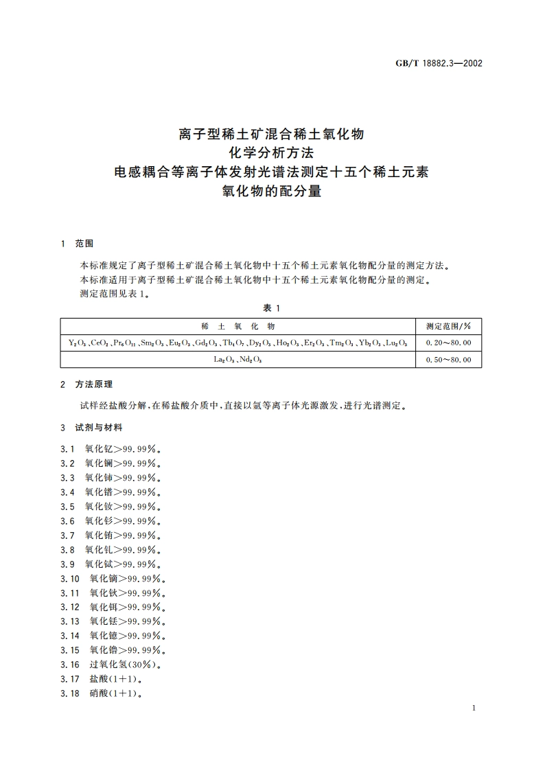 离子型稀土矿混合稀土氧化物化学分析方法 电感耦合等离子体发射光谱法测定十五个稀土元素氧化物的配分量 GBT 18882.3-2002.pdf_第3页