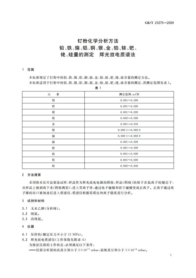 钌粉化学分析方法 铅、铁、镍、铝、铜、银、金、铂、铱、钯、铑、硅量的测定 辉光放电质谱法 GBT 23275-2009.pdf_第3页