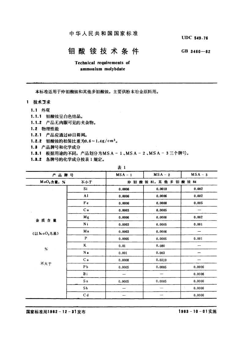 钼酸铵技术条件 GBT 3460-1982.pdf_第3页