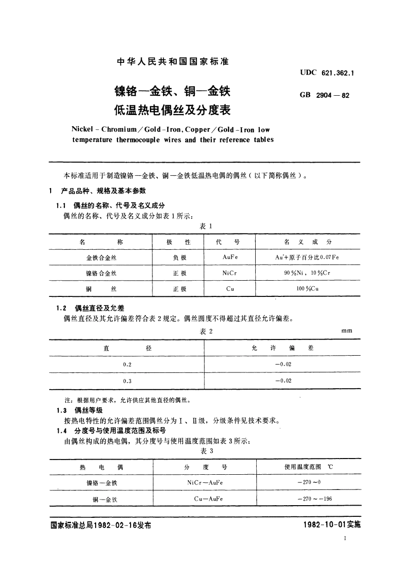 镍铬-金铁、铜-金铁低温热电偶丝及分度表 GBT 2904-1982.pdf_第2页