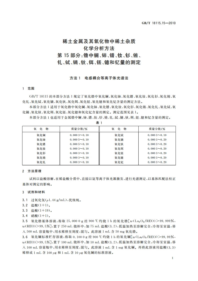 稀土金属及其氧化物中稀土杂质化学分析方法 第15部分：镥中镧、铈、镨、钕、钐、铕、钆、铽、镝、钬、铒、铥、镱和钇量的测定 GBT 18115.15-2010.pdf_第3页