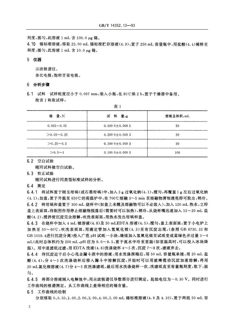 钨矿石、钼矿石化学分析方法 盐酸-氯化铵底液极谱法测定锡量 GBT 14352.13-1993.pdf_第3页