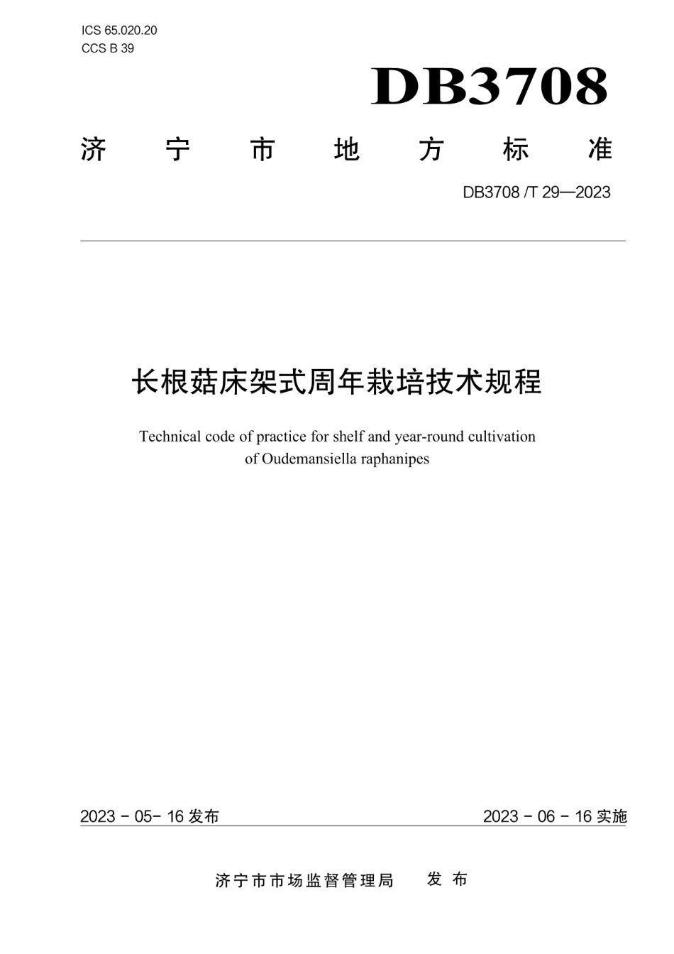 DB3708T 29-2023长根菇床架式周年栽培技术规程.pdf_第1页