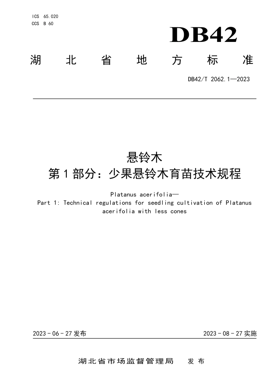 DB42T 2062.1-2023悬铃木 第1部分：少果悬铃木育苗技术规程.pdf_第1页